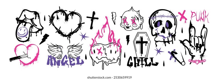 Spray paint graffiti element set. Street art gothic skull head, pierced heart, barbed wire, mouth with tongue, coffin with cross. Grunge ink stickers, hand gesture, trippy funny flaming melting smiles