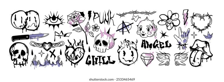 Spray paint graffiti element set. Street art gothic punk skull head, burning heart, barbed wire, rose flower, mouth with tongue, crown, melting smiles. Grunge inky y2k emo goth sticker, rock hand sign