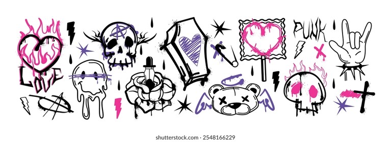 Conjunto de elementos de grafite de tinta de pulverização. Crânio gótico de arte de rua, cabeça de urso, coração ardente, caixão, flor de rosa e brilhos. Adesivos de tinta Grunge, gestos de mão, sorrisos de derretimento trippy com manchas e gotejos