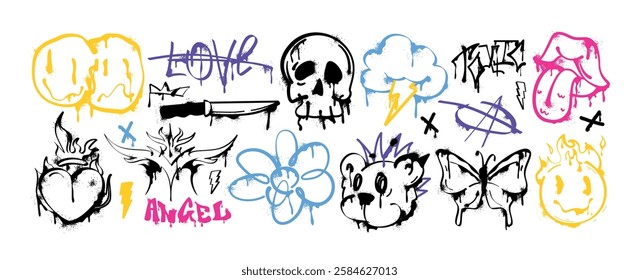 Spray paint graffiti element set. Street art gothic skull head icon, flaming heart, open mouth with tongue, punk rock bear. Grunge ink stickers, lightning cloud, trippy melting smile faces with drips