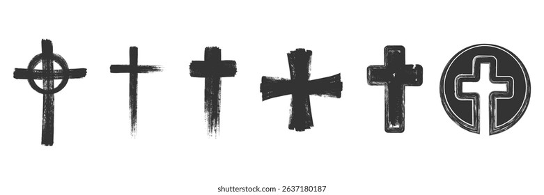 Spray paint graffiti element set of Christian cross with grungy texture. Grunge ink graphic symbols of church isolated on white background for printing on t shirt