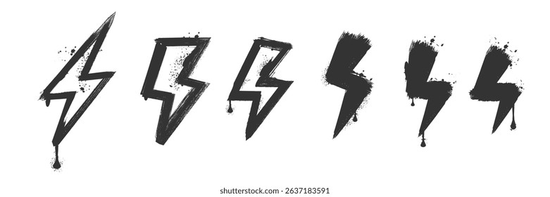 Spray paint graffiti element set of ENERGY Lightning bolt with grungy texture. Grunge ink graphic symbols of flash, danger, energy and thunder isolated on white background for printing on t shirt