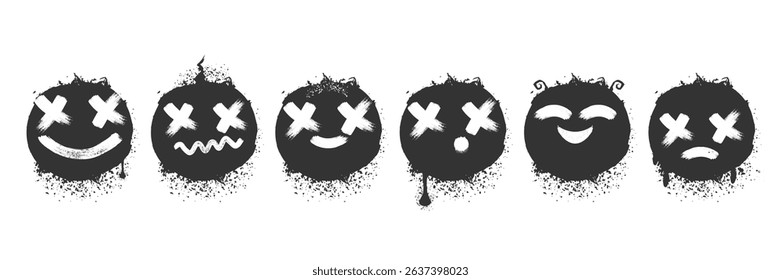 Spray paint graffiti element set of grunge Smile face with grungy texture. Grunge aesthetic ink graphic symbols of happy, sad, smiling, astonishment isolated on white background for printing on tee