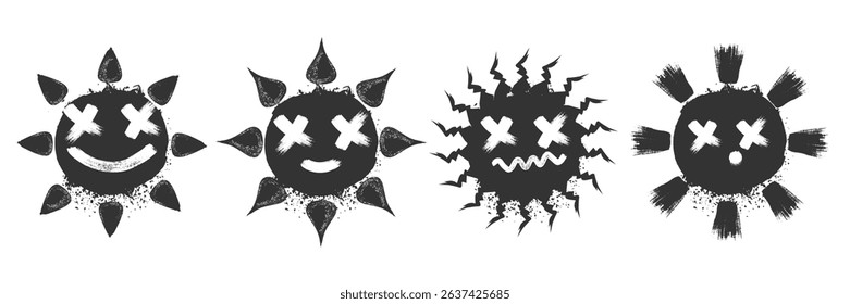 Spray paint graffiti element set of grunge summer happy SUN with grungy face texture. Grunge aesthetic ink graphic symbols of happy, sad, smiling sun isolated on white background
