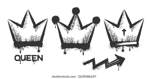 Spray paint graffiti element set of grunge crown with grungy texture. Grunge aesthetic ink graphic symbols of ROYAL CROWN,KING,QUEEN isolated on white background for printing on tee