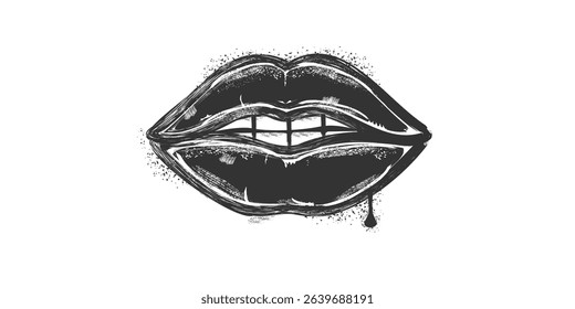 Spray paint graffiti element set of grunge woman LIPS with grungy texture. Grunge aesthetic ink graphic symbols of sexy woman lips and mouth isolated on white background for printing on tee