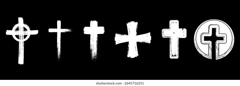 Spray paint graffiti element set of Christian cross with grungy texture. Grunge ink graphic symbols of church isolated on black background for printing on t shirt