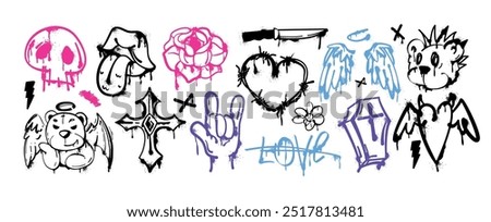 Spray paint graffiti element set. Street art of ink bear face, heart barbed wire, open mouth with tongue, religious cross, skull icon, pink rose flower. Grunge stickers, hand gesture, urban lettering