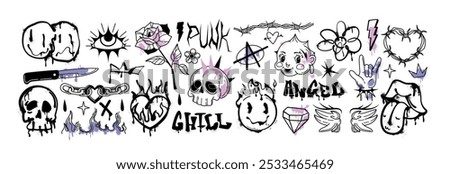 Spray paint graffiti element set. Street art gothic punk skull head, burning heart, barbed wire, rose flower, mouth with tongue, crown, melting smiles. Grunge inky y2k emo goth sticker, rock hand sign