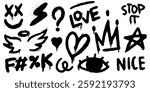 Spray paint graffiti elements and quotes. Love and peace, crown and smile with heart and angel wings in hand drawn street art style. Done by hand original design elements. Political protests.