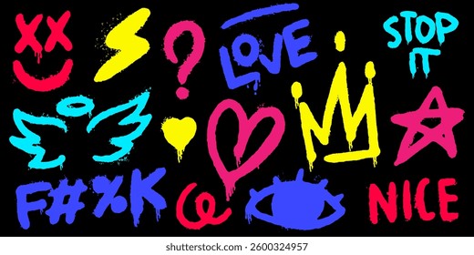Spray paint graffiti elements and quotes. Love and peace, crown and smile with heart and angel wings in hand drawn street art style. Done by hand original design elements. Political protests.