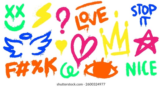Spray paint graffiti elements and quotes. Love and peace, crown and smile with heart and angel wings in hand drawn street art style. Done by hand original design elements. Political protests.