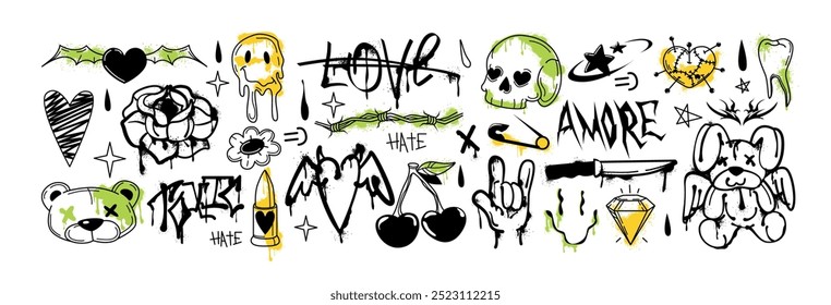 Spray paint graffiti elements, y2k gothic tattoo sticker set. Street art inky bear, heart with angel wings, barbed wire, cherry, melting smile face emoji. Grunge bullet, rock hand gesture, urban text