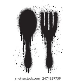 Spray Paint Graffiti fork and spoon icon isolated on white background. logo restaurant spray paint icon.