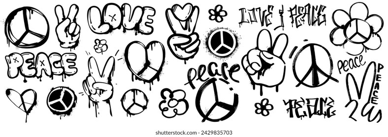 Spray paint graffiti peace pacific symbol, hand gesture V sign isolated on white background. Brush black heart icon and love word with inky drips and splatter in grunge style, vector design street art