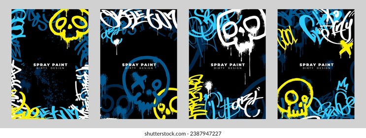 Spray paint graffiti poster on black background. Skull, street art tags drawn yellow, blue and white paints with grunge splash on wall. Abstract urban design with hip hop elements. Vector illustration