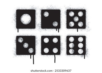 Spray Paint Graffiti Signs of numbers one to six sprayed dice isolated on white background. overspray dice symbol graffiti in black on white.
