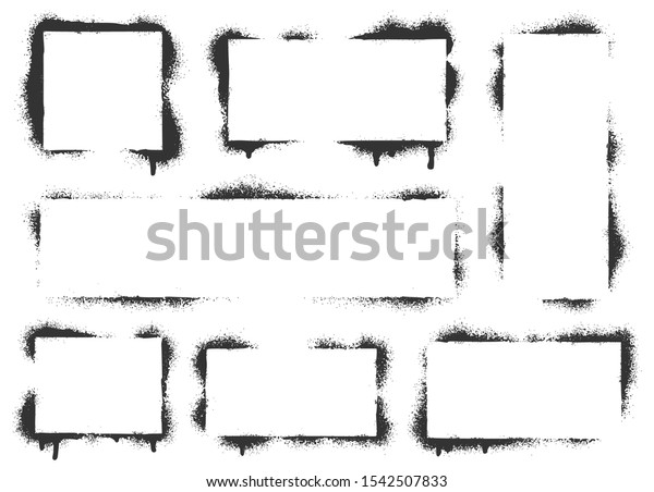 Spray paint graffiti stencil frames. Black\
airbrushing paint banner, stenciling backdrop and spray paint\
texture borders. Brush splash abstract rectangular stencil border.\
Isolated vector icons\
set
