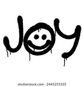 Spray paint graffiti tag JOY and smile emoji.