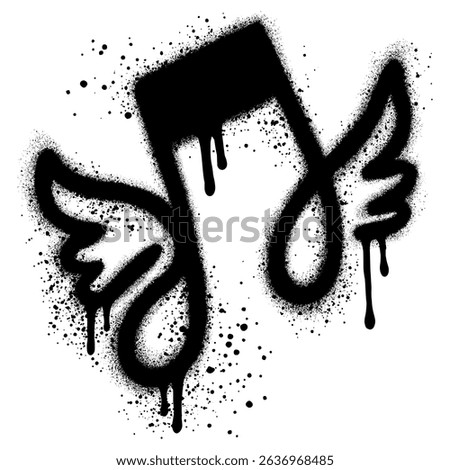 Spray Paint Graffiti Tone Icon wearing wings. graffiti music icon with over spray in black on white.