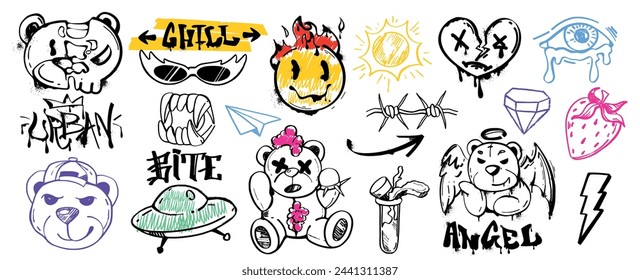 Spray paint graffiti vector set of bear with angel wings, broken heart, eye, devil, ufo, tags with grunge fonts. Graphic ink symbols, slogan and color street art stickers isolated on white background.