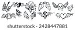 Spray paint graffiti wing with drips and splatter. Black inky human skull, rock guitar, dollar icon, cross, angel emoji and flying heart with wings. Grunge airbrush street style symbols and stickers.