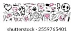 Spray paint graffiti y2k gothic tattoo element set. Street art heart, bear with wings, smile face emoji, inky skull, open mouth with tongue. Urban grunge rock stickers with splatters, neo tribal icons