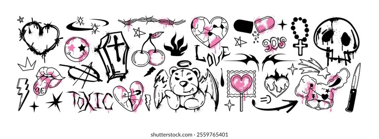 Spray paint graffiti y2k gothic tattoo element set. Street art heart, bear with wings, smile face emoji, inky skull, open mouth with tongue. Urban grunge rock stickers with splatters, neo tribal icons