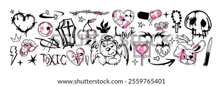 Spray paint graffiti y2k gothic tattoo element set. Street art heart, bear with wings, smile face emoji, inky skull, open mouth with tongue. Urban grunge rock stickers with splatters, neo tribal icons