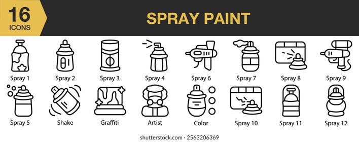 Spray Paint icon set. Includes Color, Design, Graphic, Paint, Spray, and More. Outline icons vector collection.