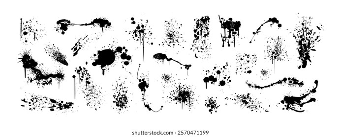 Spray paint inky drips, blots or splatters. Black splashes, graffiti speckles, spatter or inkblot spots with dusty grunge effect. Paintbrush splotch, drops or liquid blobs. Set of dirty splash stains