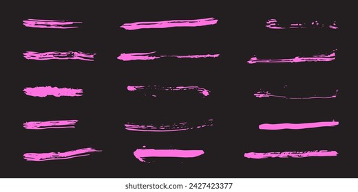 Spray paint long lines, ink horizontal splatters brush with grunge effect. Brush line collection set. Marker highlight stroke, brush pen hand drawn underline isolated on transparent background. 