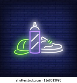 Spray paint neon sign. Luminous signboard with sneaker, paint and snapback. Night bright advertisement. Vector illustration in neon style for urban culture, graffiti, vandalism