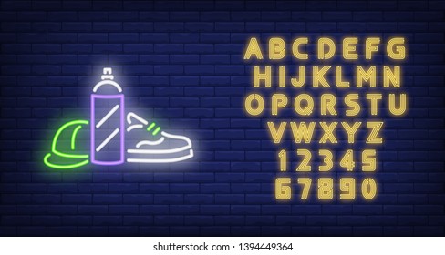 Spray paint neon sign. Luminous signboard with sneaker, paint and snapback. Night bright advertisement. Vector illustration in neon style for urban culture, graffiti, vandalism