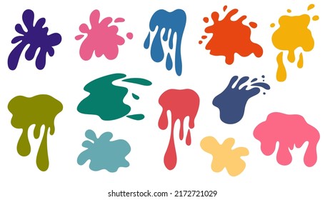 Spray paint set. Colorful collection of splashes, liquids of decorative shapes. Various splashes and drops, cartoon splashes. Colored link paints. Vector cartoon illustration isolate