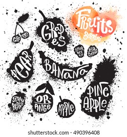Spray paint set of ink splatter fruits and berries silhouette illustrations  with handwritten lettering on each fruit  with its name