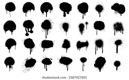 Spray paint set. Spray painted dots and splashes. Graffiti drawing dirty splashes with drips. Street art splashes and spots. Vector