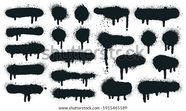 Spray paint shapes. Sprayed grunge dripping dots\
and borders, abstract graffiti spraying textured shapes vector\
illustration set. Paint splatter symbols. Dripping spraying\
textured, spatter\
texture