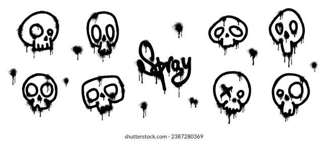 Spray paint skull graffiti set isolated on white background. Death symbols drawn with black grunge brush. Skeleton head silhouette set. Tattoo sketch elements with ink drips. Vector illustration. 
