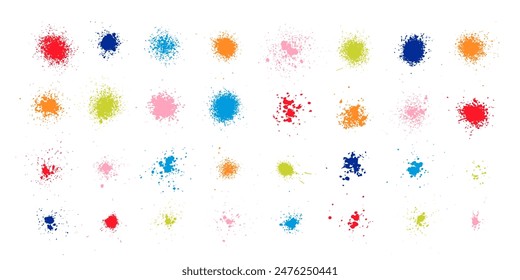 Spray paint splatter elements. Collection of colorful graffiti vector ink dotted blotches. Grainy gradient analog handmade gradients. Noisy dusty mud drip texture. Speckled grit, stippled dots spatter