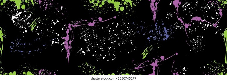 Spray paint splatters vector seamless pattern. Colored ink drips, brush drops or blots. Graffiti inky splashes, inkblot spots with speckle effect. Paintbrush splotch, liquid blobs, dirty splash stains