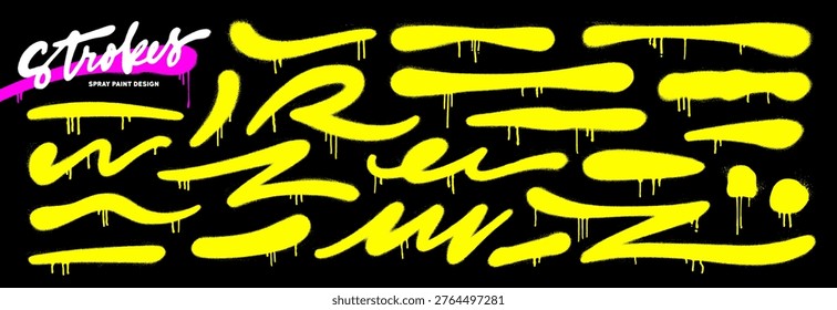 Spray paint squiggles and lines with aerosol texture and drips. Grunge graffiti vector strokes and wavy highlight lines. Bright yellow graffiti highlighters with street art urban aesthetic.