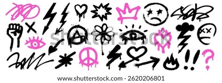 Spray paint style doodle set featuring punk symbols like lightning, anarchy, sad faces, and hearts in black and pink colors.