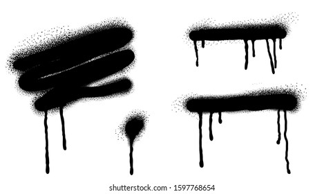 Spray Paint Vector Elements Isolated On White Background, Lines And Drips Black Ink Splatters, Ink Blots Set, Street Style.