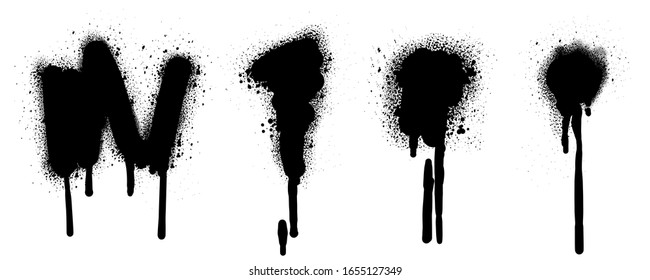 Spray Paint Vector Elements isolated on White Background. Set of  frame and black round ink stains, Lines and Drips Black ink splatters, Ink blots set, Street style.