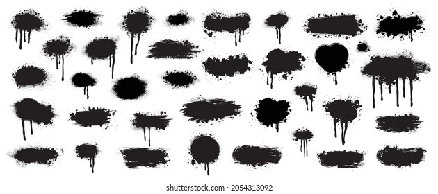 Spray Paint Vector Elements isolated on White Background, Lines and Drains Black ink splatters, Ink blots set, text frame, Street style. Set of grunge banners.Grunge backgrounds for sale. 