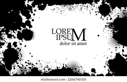 Spray Paint Vector Elements isolated on White Background. Set of frame and black round ink stains, Lines and Drips Black ink splatters, Ink blots set, Street style.