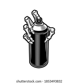 Spray paint vector illustration. Skeleton hand holding graffiti artist paint. Street art concept for emblems or tattoo templates