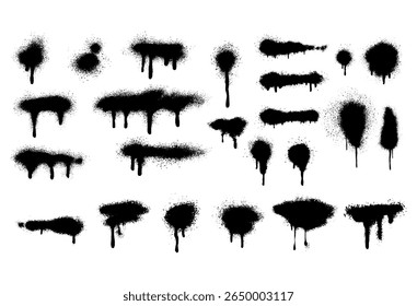 Spray Paint Vector. Lines and Drips Black ink splatters, Ink blots set, brush, Street style. Black graffiti spray set paint pattern. Spray paint abstract lines drips texture.