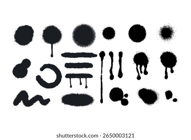 Spray Paint Vector. Lines and Drips Black ink splatters, Ink blots set, brush, Street style. Black graffiti spray set paint pattern. Spray paint abstract lines drips texture.
